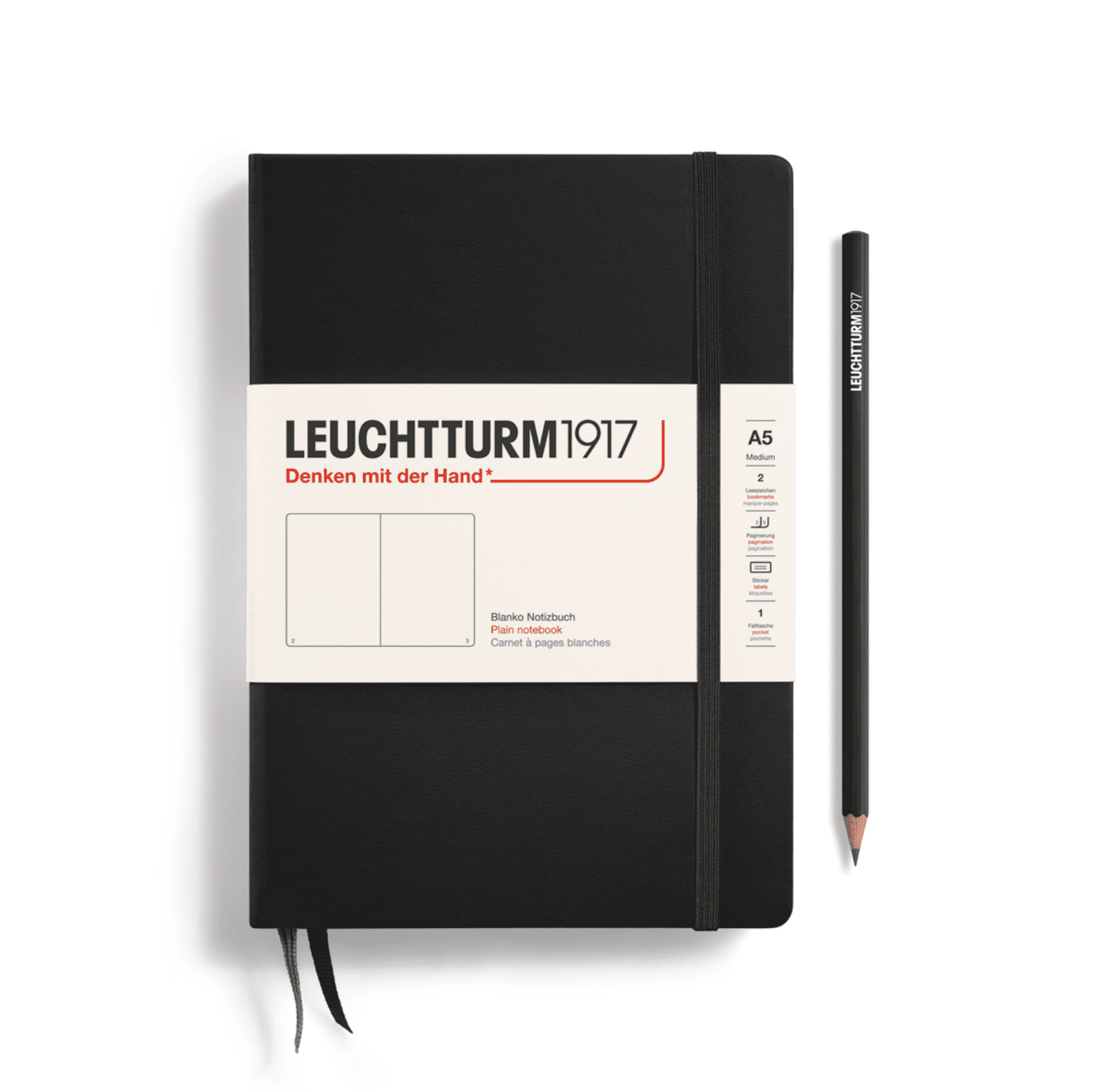 Carnet Medium (A5) couverture rigide, 249 pages numérotées, noir, pages blanches