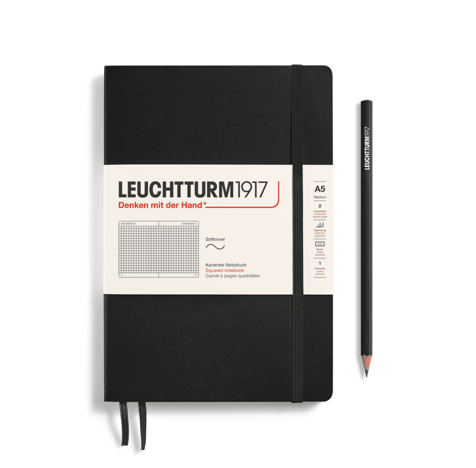 Carnet Medium (A5) couverture rigide, 249 pages numérotées, quadrillé, noir