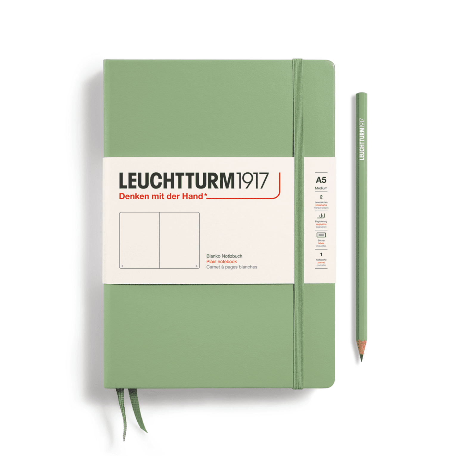 Carnet de notes Medium (A5), Couverture rigide, 251 pages numérotées, Sauge, Pages Blanches