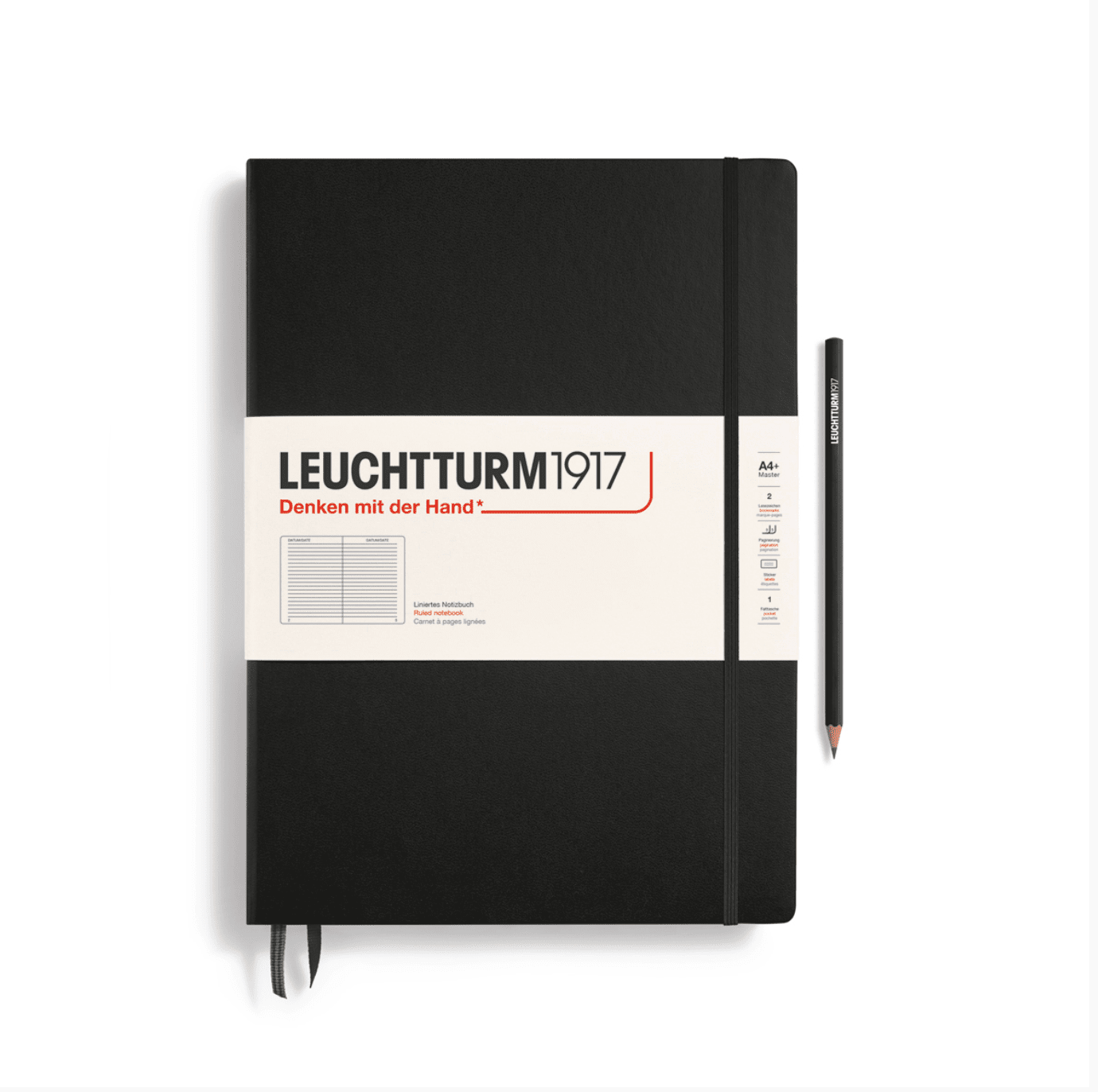 Carnet Master (A4+) couverture rigide, 235 pages numérotées, ligné, noir