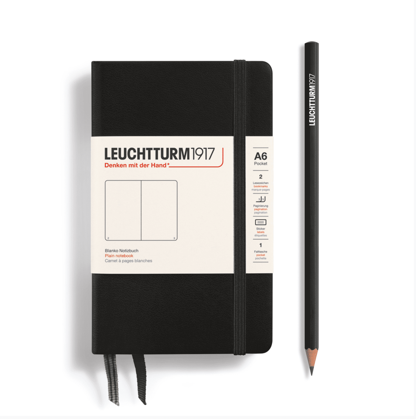 Carnet Pocket (A6) couverture rigide, 185 pages numérotées, blanc, noir