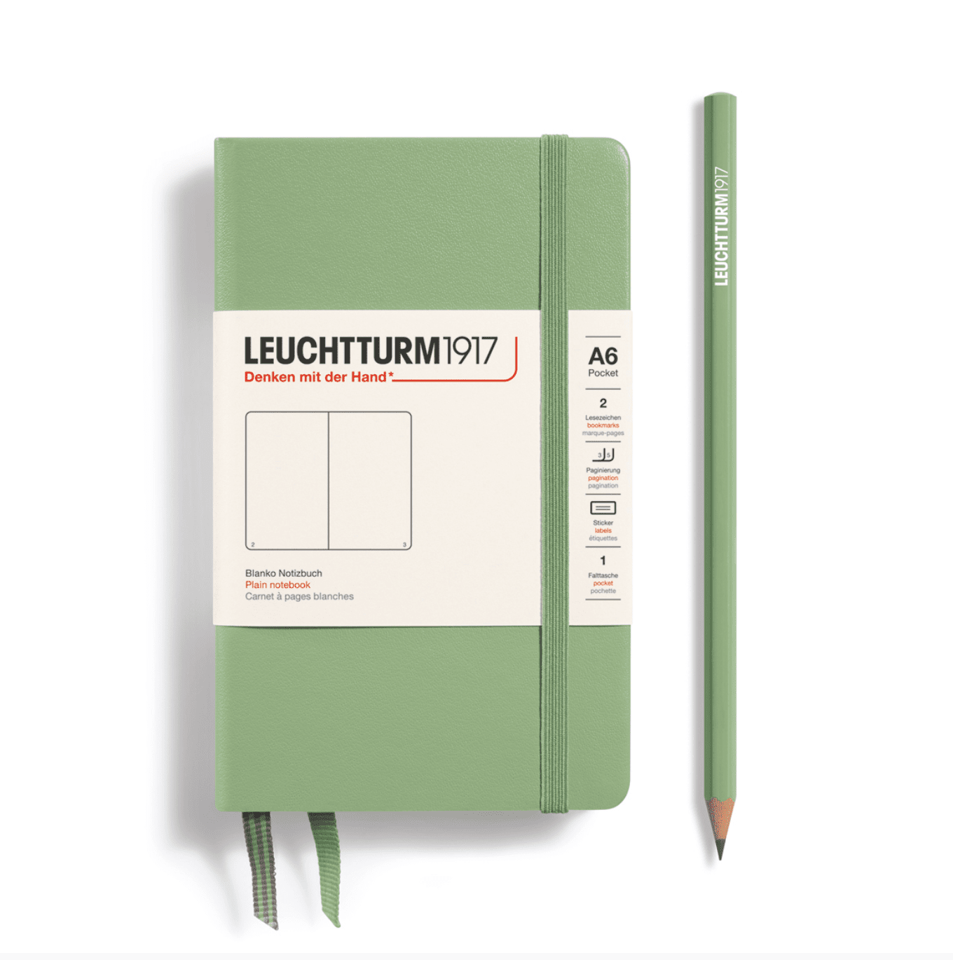 Carnet Pocket (A6), couverture rigide, 187 pages numérotées, Sauge, blanc