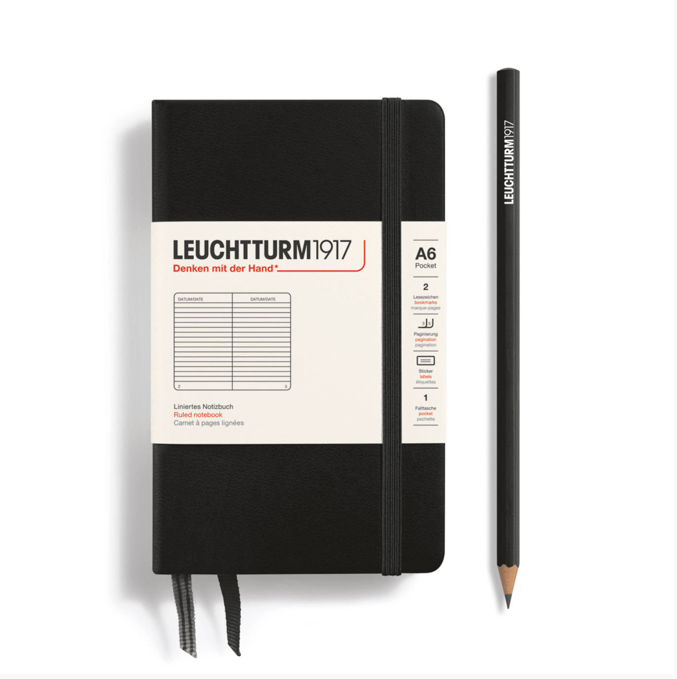 Carnet Pocket (A6) couverturerigide, 187 pages numérotées, ligné, noir