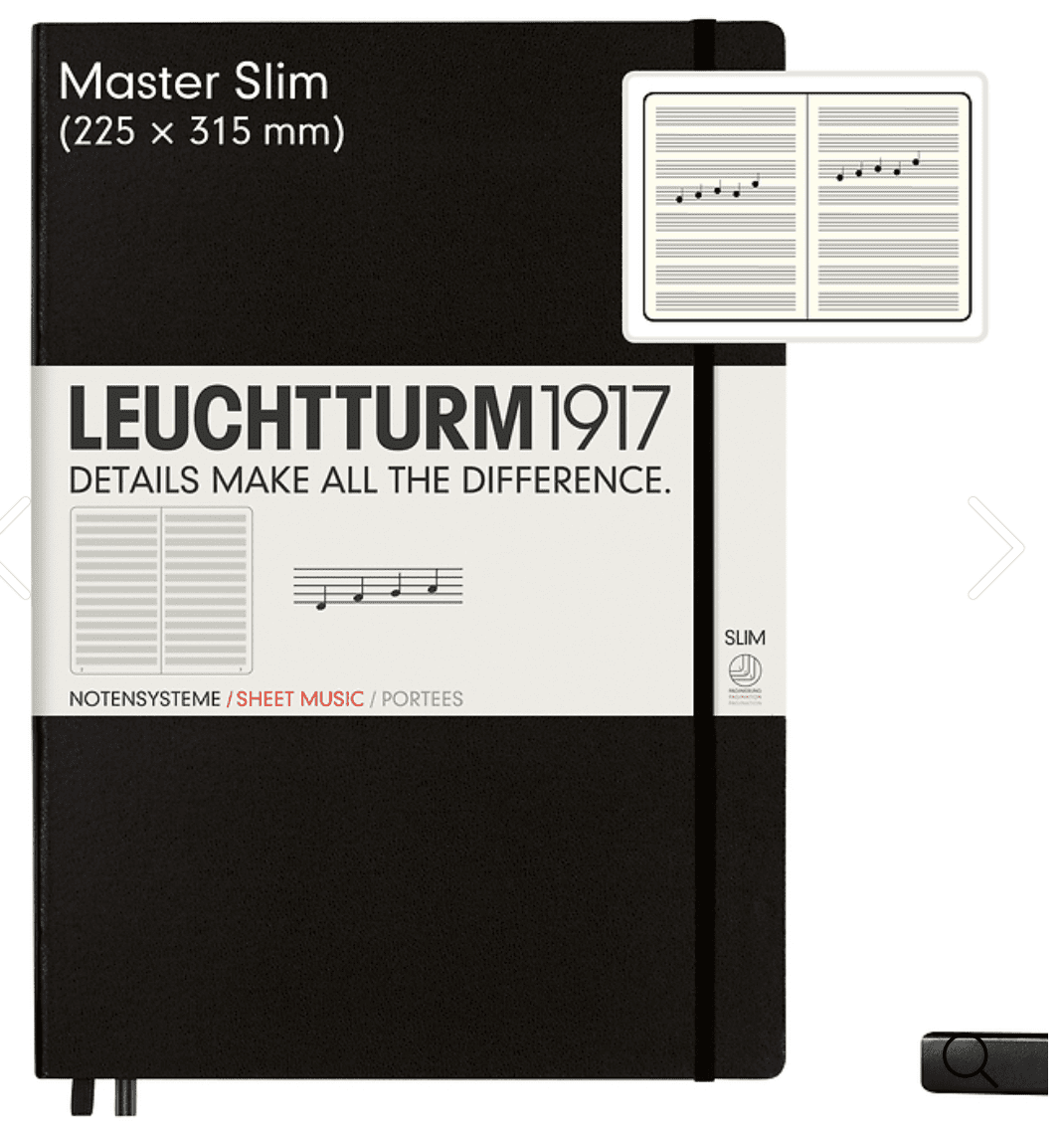 Carnet Master Slim (A4+) portée, couverture rigide, 123 pages numérotées, noir