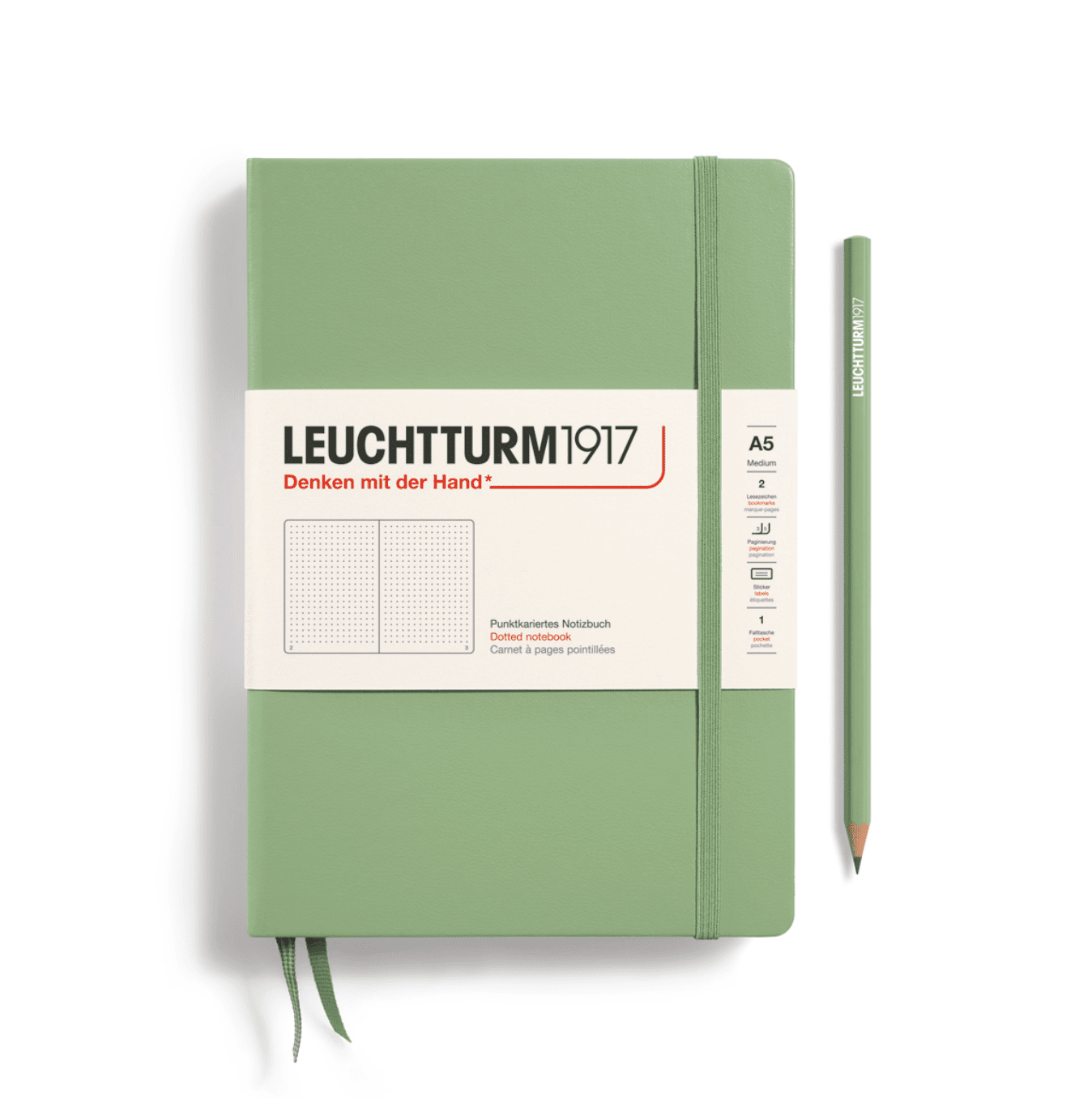 Carnet de notes Medium (A5), Couverture rigide, 251 pages numérotées, Sauge, pointillé